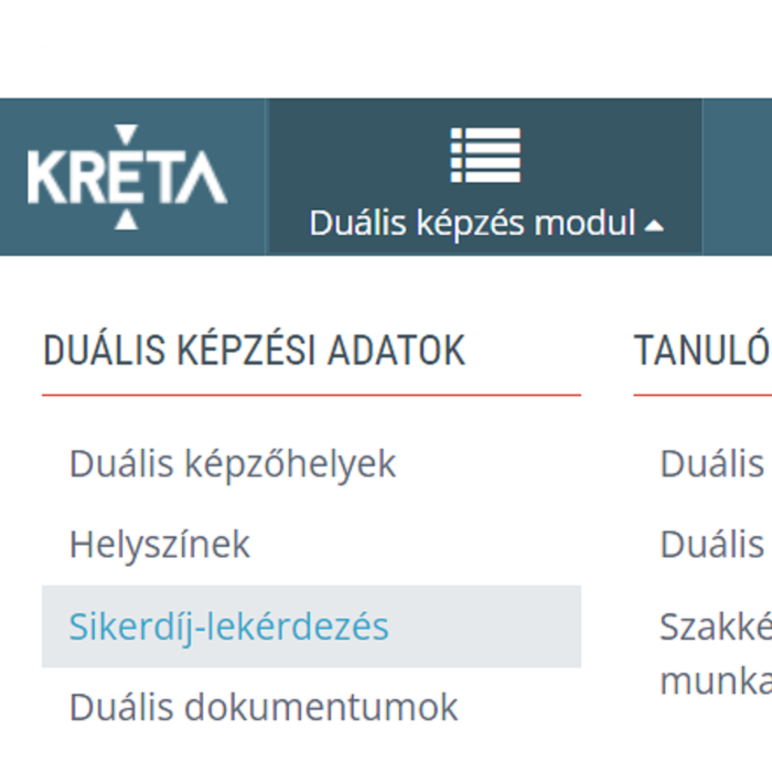 KRÉTA Duális Modul: Duális képzőhely - Sikerdíj-lekérdezés
