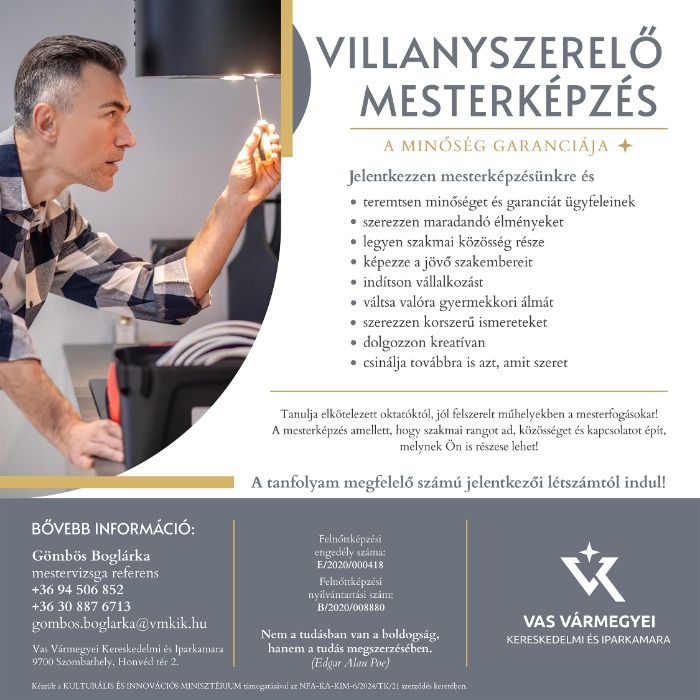 Utolsó becsatlakozási lehetőség villanyszerelő mesterképzésre